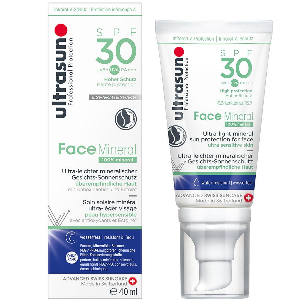 Sonnencreme-Tube und -Verpackung. Weiß, mit grünen und roten Akzenten. Aufschrift: ultrasun Face Mineral SPF 30.
