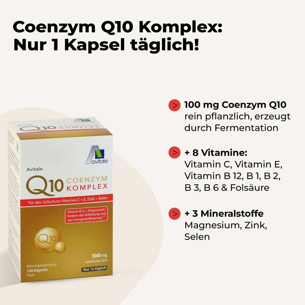 Produktverpackung mit Text: Coenzym Q10 Komplex. Nur 1 Kapsel täglich! 100 mg Q10, 8 Vitamine, 3 Mineralstoffe.