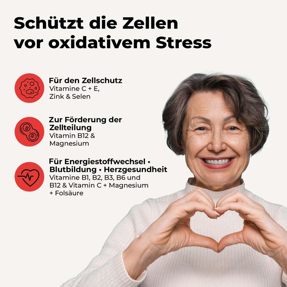 Ältere Frau formt Herz. Text: Schützt die Zellen vor oxidativem Stress. Für Zellschutz, Teilung, Stoffwechsel.