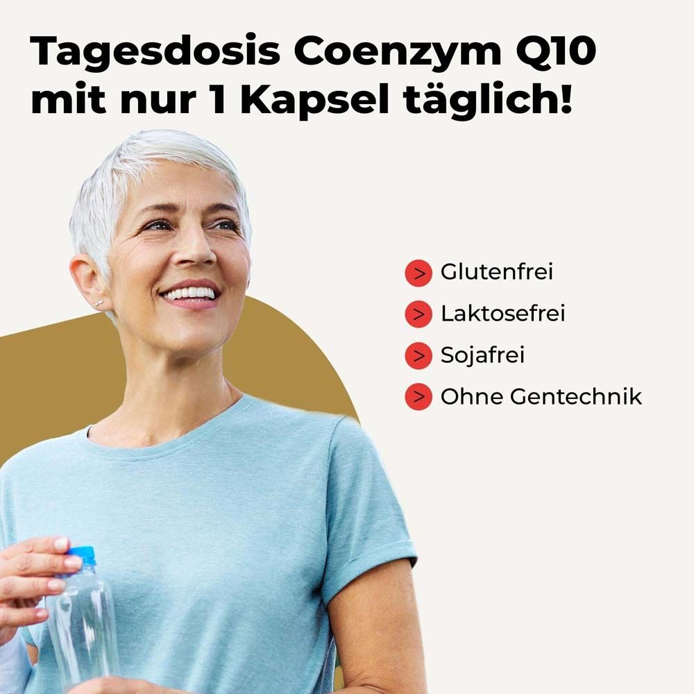 Ältere Frau mit Wasserflasche. Text: Tagesdosis Coenzym Q10 mit nur 1 Kapsel täglich! Glutenfrei, laktosefrei, sojafrei, ohne Gentechnik.
