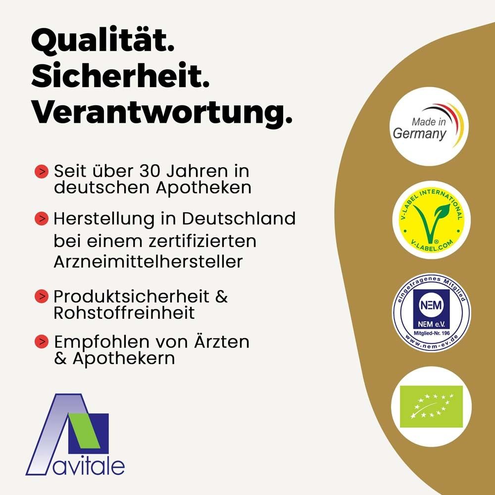 Qualitäts- und Sicherheitsmerkmale. Made in Germany. V-Label, NEM-Siegel, Bio-Siegel. Empfohlen von Ärzten & Apothekern.