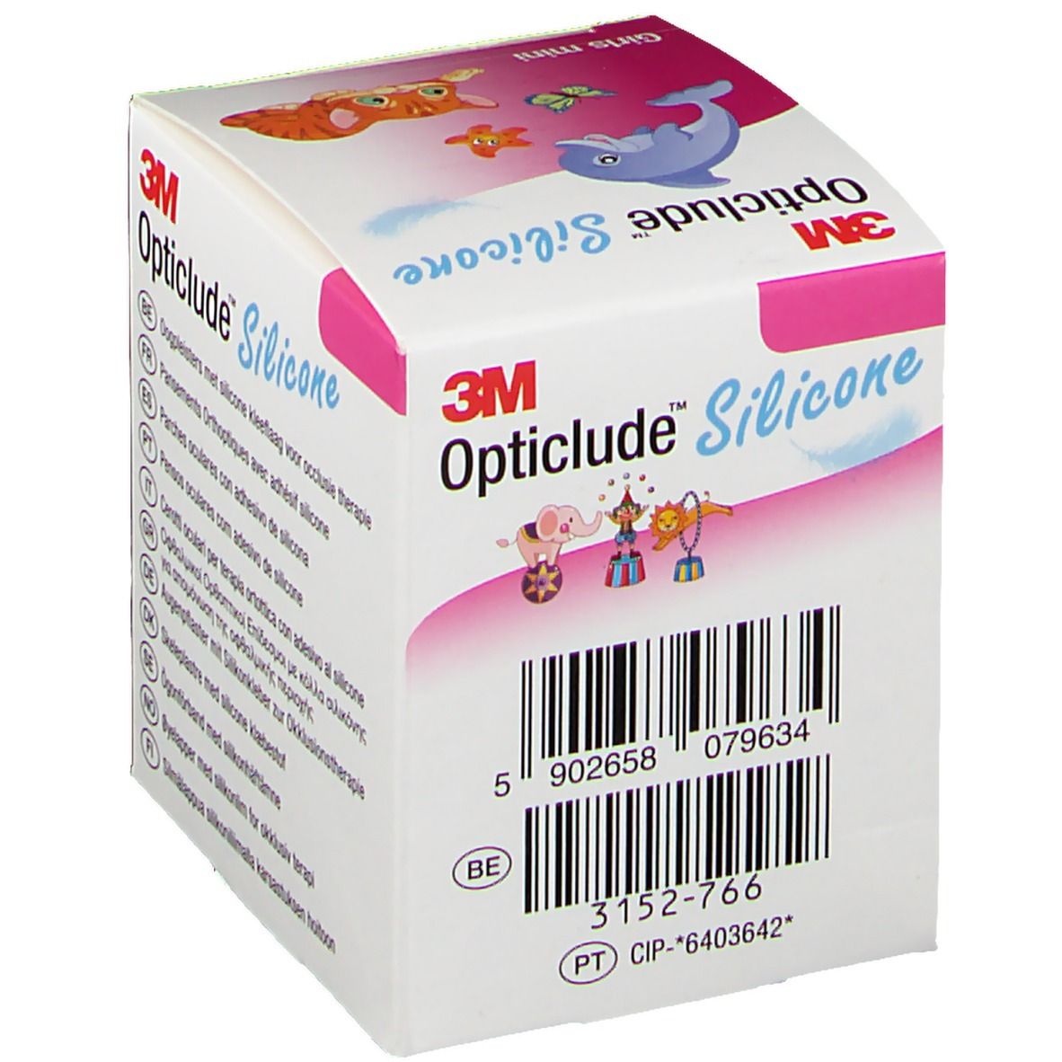 Verpackung mit Opticlude Silicone Augenpflastern für Mädchen. Barcode und Produktinformationen. Mit CE-Kennzeichnung.