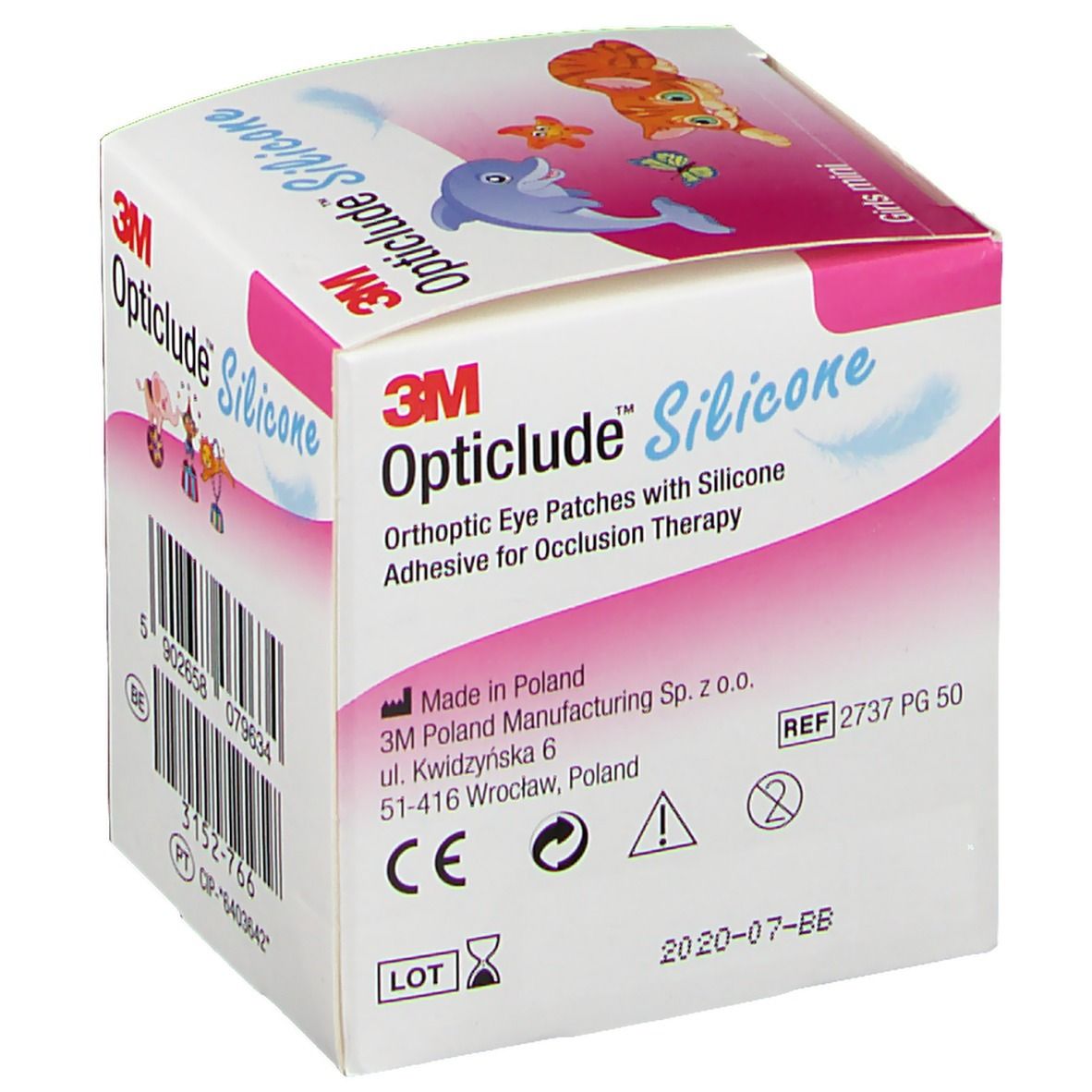 Verpackung mit Opticlude Silicone Augenpflastern für Mädchen. Herstellerinformationen und CE-Kennzeichnung.