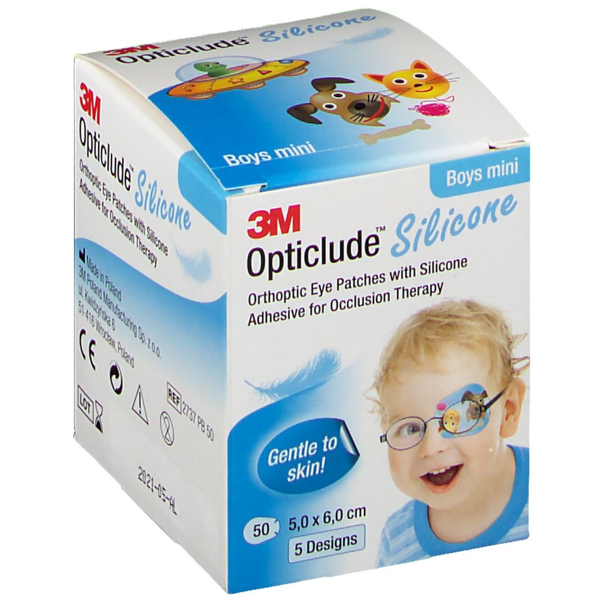 Verpackung Opticlude Silicone Boys mini. Enthält 50 Pflaster, 5 Designs, 5,0 x 6,0 cm. Mit CE-Kennzeichnung.