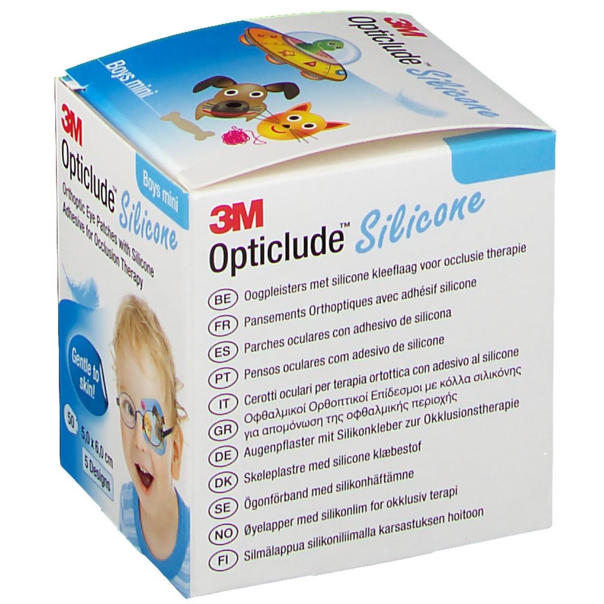 Verpackung Opticlude Silicone Boys mini. Mehrsprachige Texte. Enthält 50 Pflaster, 5 Designs. Mit CE-Kennzeichnung.