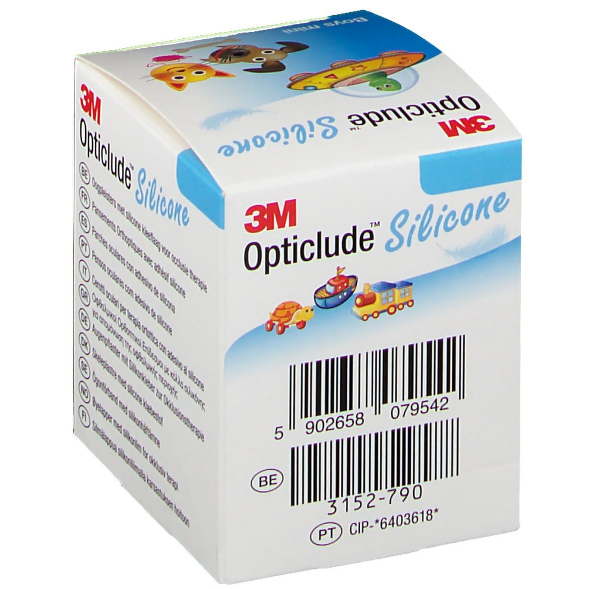 Verpackung Opticlude Silicone Boys mini. Barcode und Produktinformationen. Mit CE-Kennzeichnung.