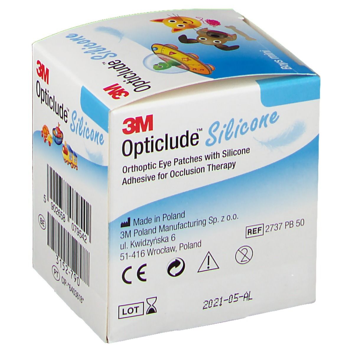 Verpackung Opticlude Silicone Boys mini. Herstelleradresse und CE-Kennzeichnung. REF 2737 PB 50.