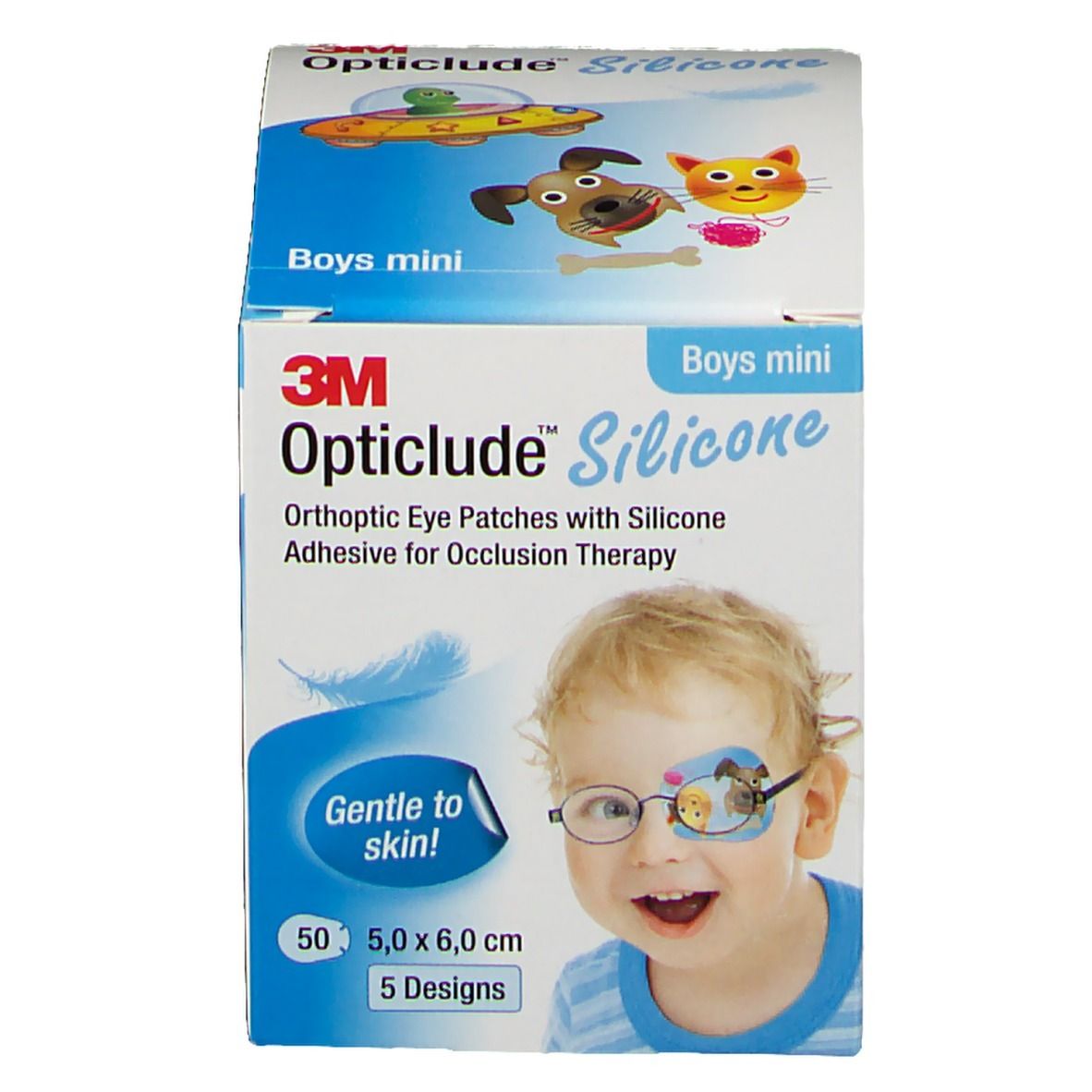 Verpackung Opticlude Silicone Boys mini. Enthält 50 Pflaster, 5 Designs, 5,0 x 6,0 cm. Mit CE-Kennzeichnung.