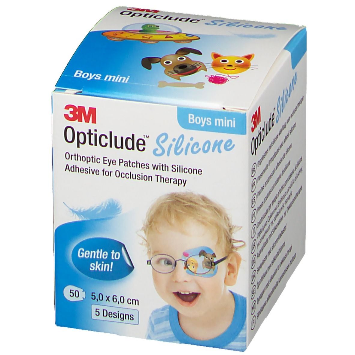 Verpackung Opticlude Silicone Boys mini. Enthält 50 Pflaster, 5 Designs, 5,0 x 6,0 cm. Mit CE-Kennzeichnung.