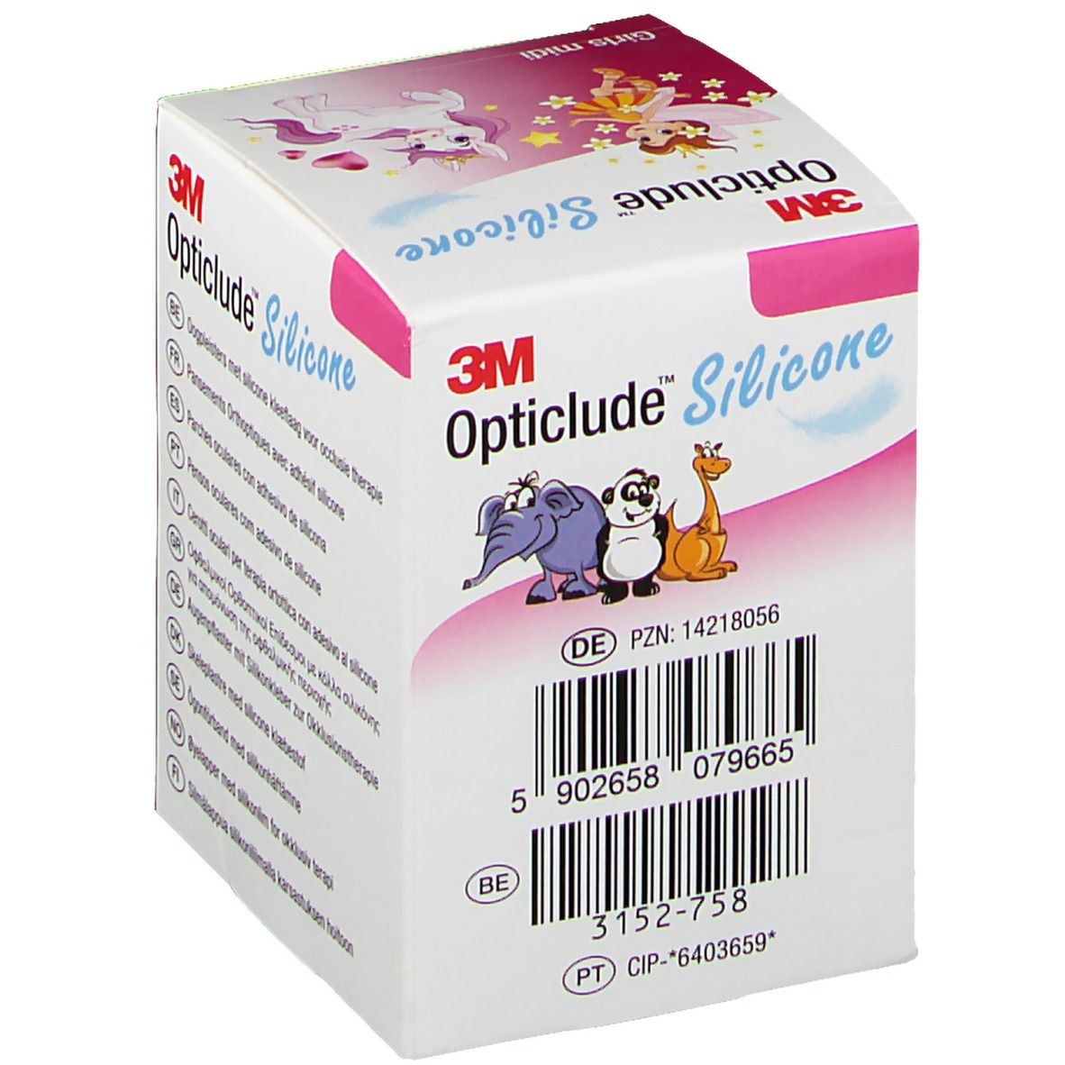 Opticlude Silicone, Mädchen-Midi-Packung. Rückseite mit Barcode und Produktinformationen. Enthält 50 Pflaster, 5,3 x 7,0 cm.