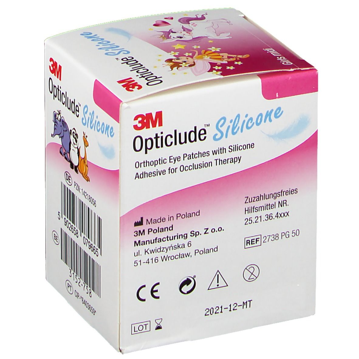 Opticlude Silicone, Mädchen-Midi-Packung. Rückseite mit Herstellerinformationen und Zertifizierungen. Enthält 50 Pflaster, 5,3 x 7,0 cm.