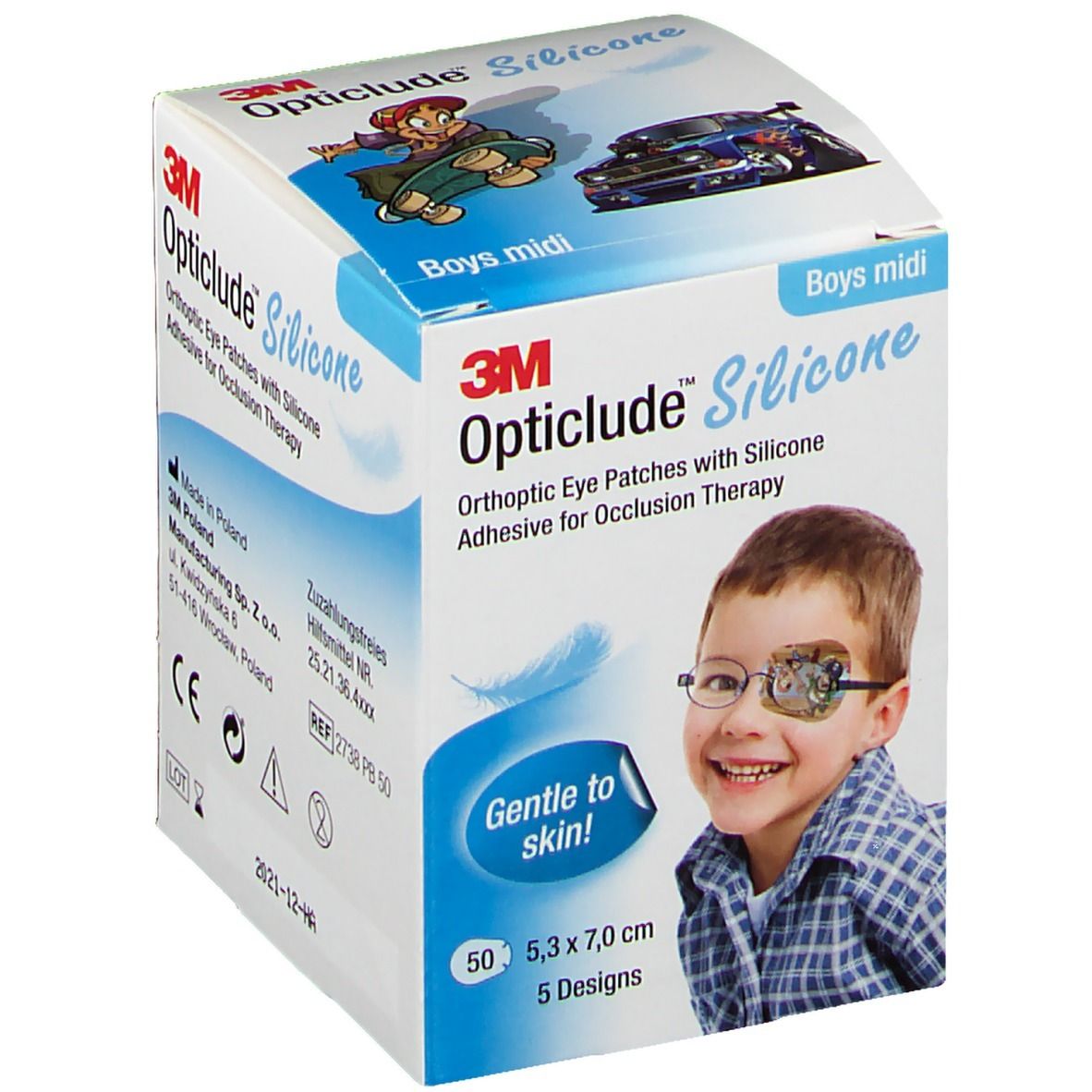 Verpackung von Opticlude Silicone Augenpflastern für Jungen. Enthält 50 Pflaster, 5,3 x 7,0 cm, 5 Designs. Mit CE-Kennzeichnung.