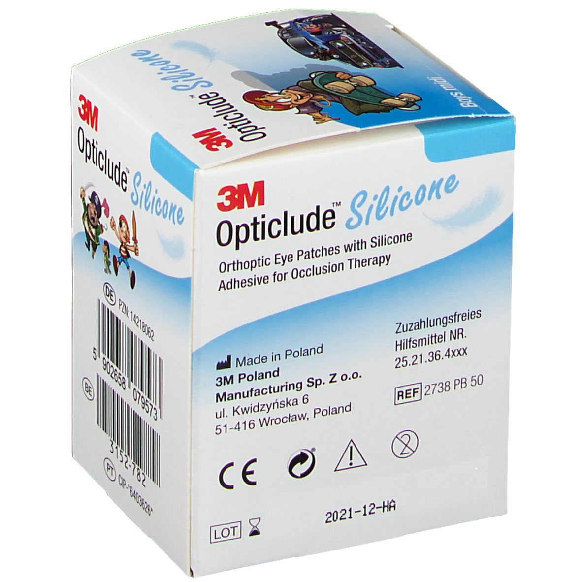 Opticlude Silicone Verpackung. Herstellerinformationen, CE-Kennzeichnung, und weitere Warnhinweise.