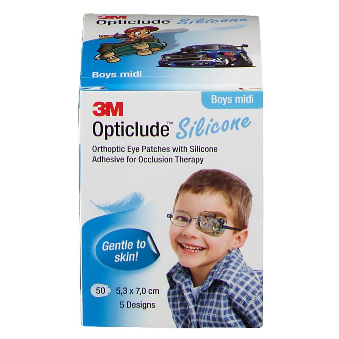 Opticlude Silicone Augenpflaster für Jungen. Verpackung mit Abbildung eines Jungen mit Augenpflaster. 50 Stück, 5,3 x 7,0 cm.