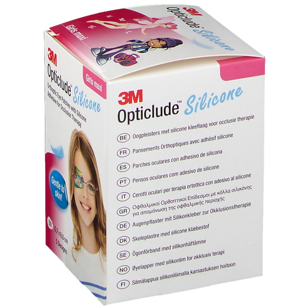 Verpackung von Opticlude Silicone Augenpflastern für Mädchen. Mehrsprachige Informationen. Enthält 50 Pflaster, 5,7 x 8,0 cm, 5 Designs.