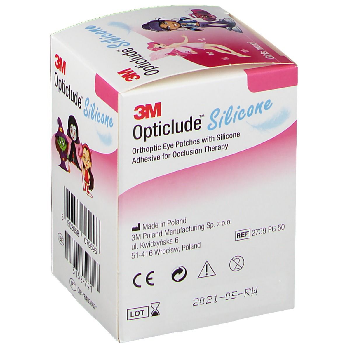 Rückseite der Opticlude Silicone Augenpflaster-Verpackung. Mit Herstellerinformationen und Zertifizierungen. Enthält 50 Pflaster, 5,7 x 8,0 cm.