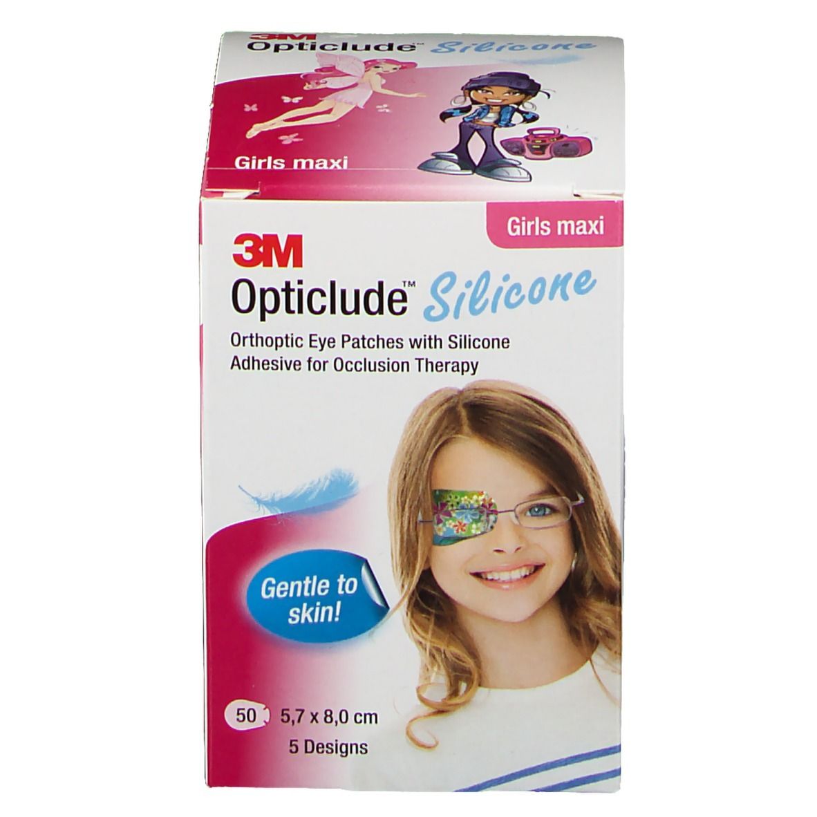 Opticlude Silicone Augenpflaster-Verpackung für Mädchen. Enthält 50 Pflaster, 5,7 x 8,0 cm, 5 Designs. Mit Aufdruck "Gentle to skin!"