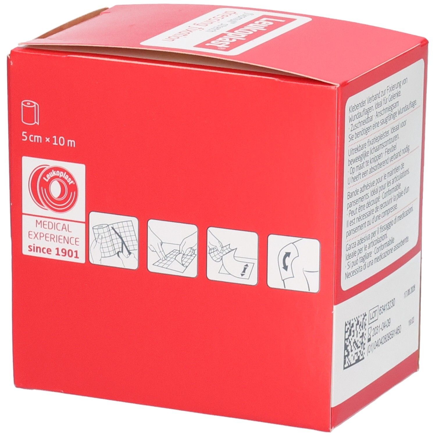 Rote Verpackung für Leukoplast Klebeband, 5 cm x 10 m, mit Anwendungshinweisen und Produktbildern.