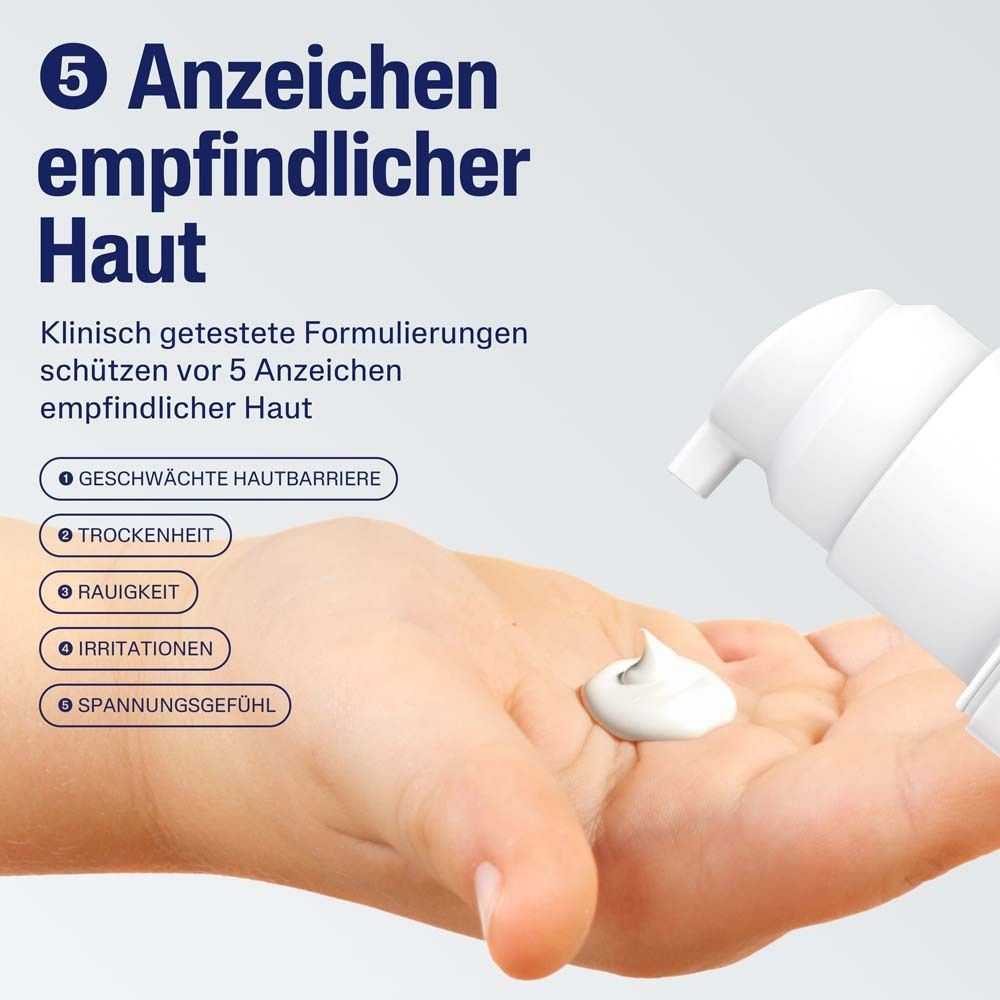 Creme auf Hand. Text: 5 Anzeichen empfindlicher Haut. Geschwächte Hautbarriere.