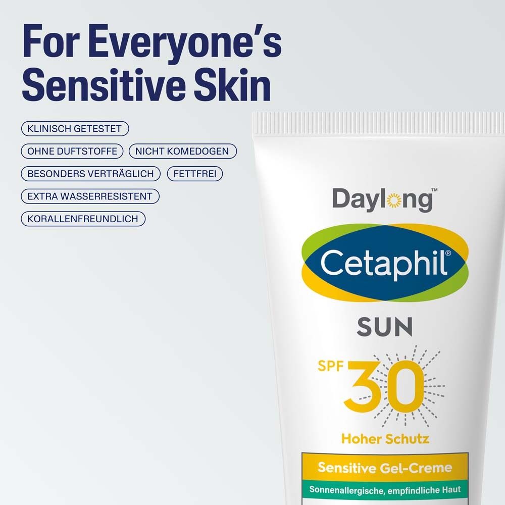 Tube mit Text: Für empfindliche Haut. Cetaphil Sun SPF 30. Klinisch getestet, ohne Duftstoffe, fettfrei.