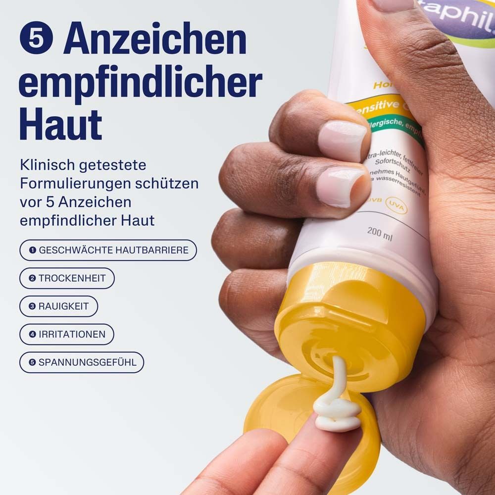 Tube mit Creme. Text: 5 Anzeichen empfindlicher Haut. Klinisch getestete Formulierungen schützen.