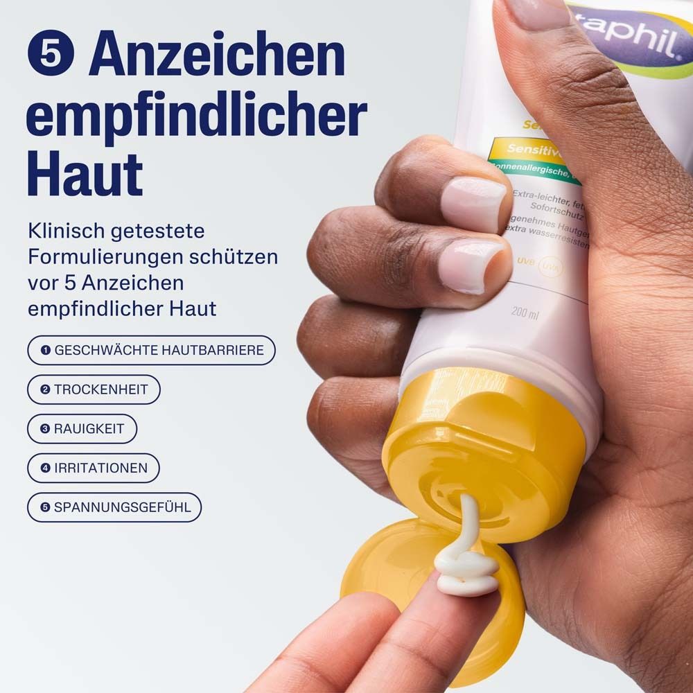 Hand drückt Creme aus Tube. Text: 5 Anzeichen empfindlicher Haut. Klinisch getestet.