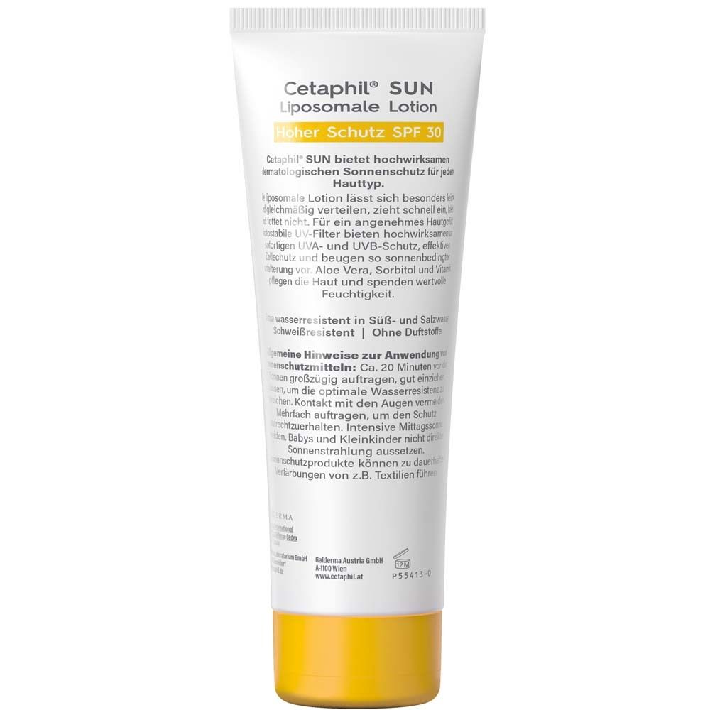 Rückseite der Tube CETAPHIL SUN Liposomale Lotion SPF 30. Text und Inhaltsstoffe.