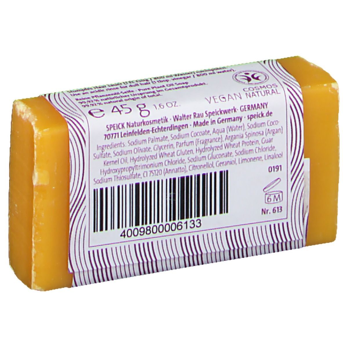 Rückseite der Speick Pflanzenöl Haarseife mit Inhaltsstoffen und Barcode.