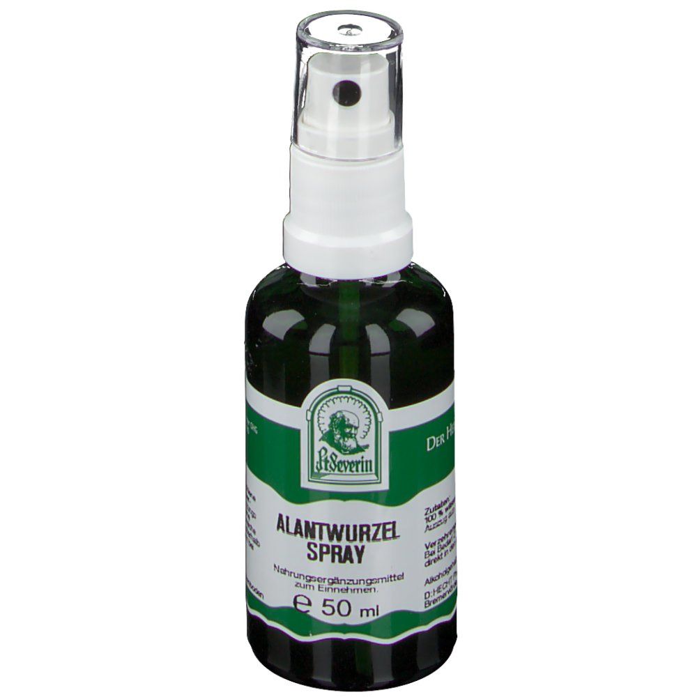 Grüne Sprühflasche mit weißem Sprühkopf. Beschriftung: St. Severin Alantwurzel Spray, e 50 ml.