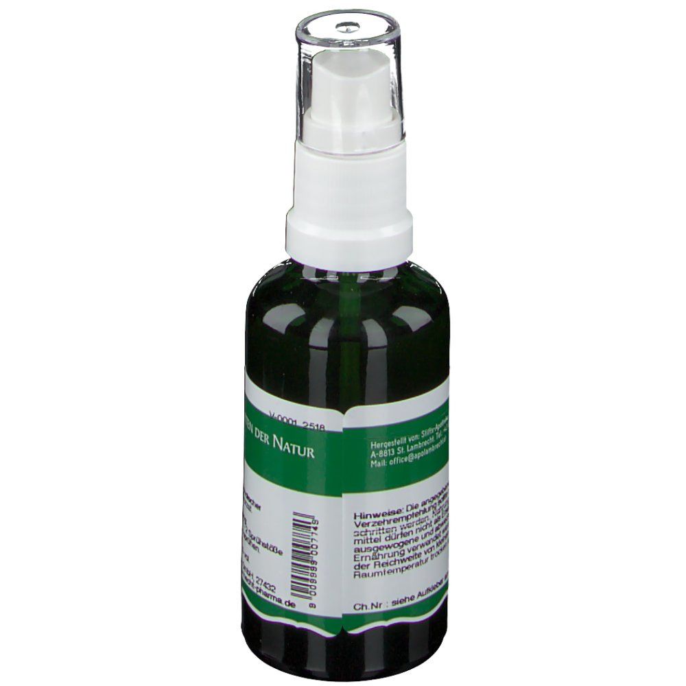 Grüne Sprühflasche mit weißem Sprühkopf. Beschriftung: Der Heilgarten der Natur. Text und Logo.