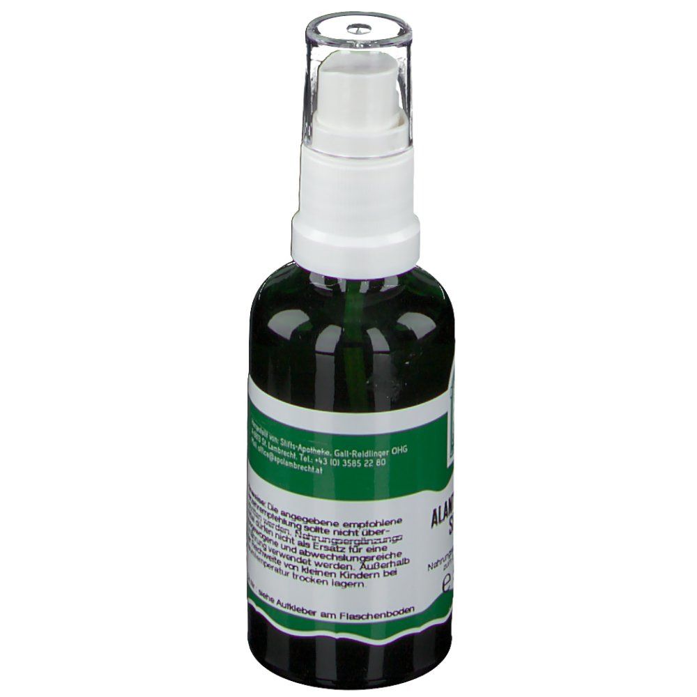 Grüne Sprühflasche mit weißem Sprühkopf. Text und Logo. Detailansicht der Beschriftung.