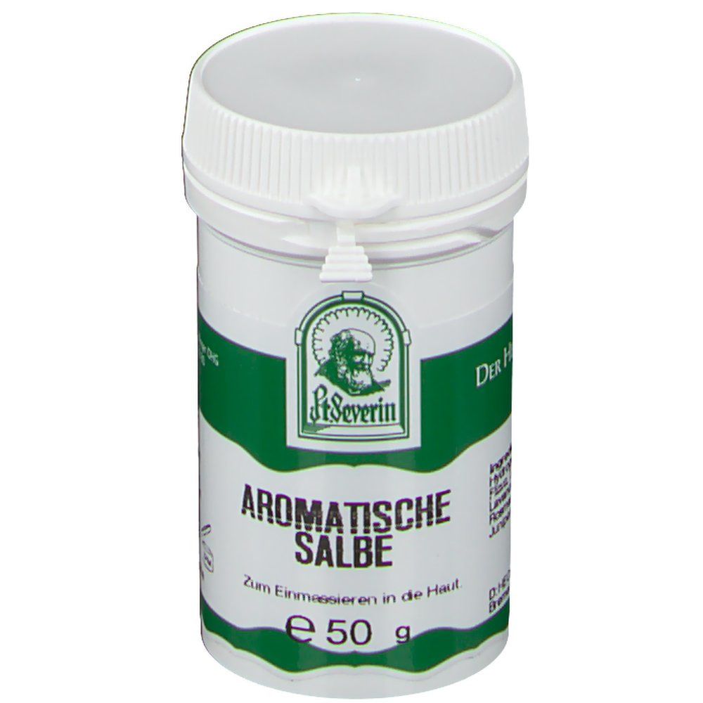 Weiß-grüne Dose mit Deckel. Aufschrift: Aromatische Salbe, St. Severin Logo, 50 g.