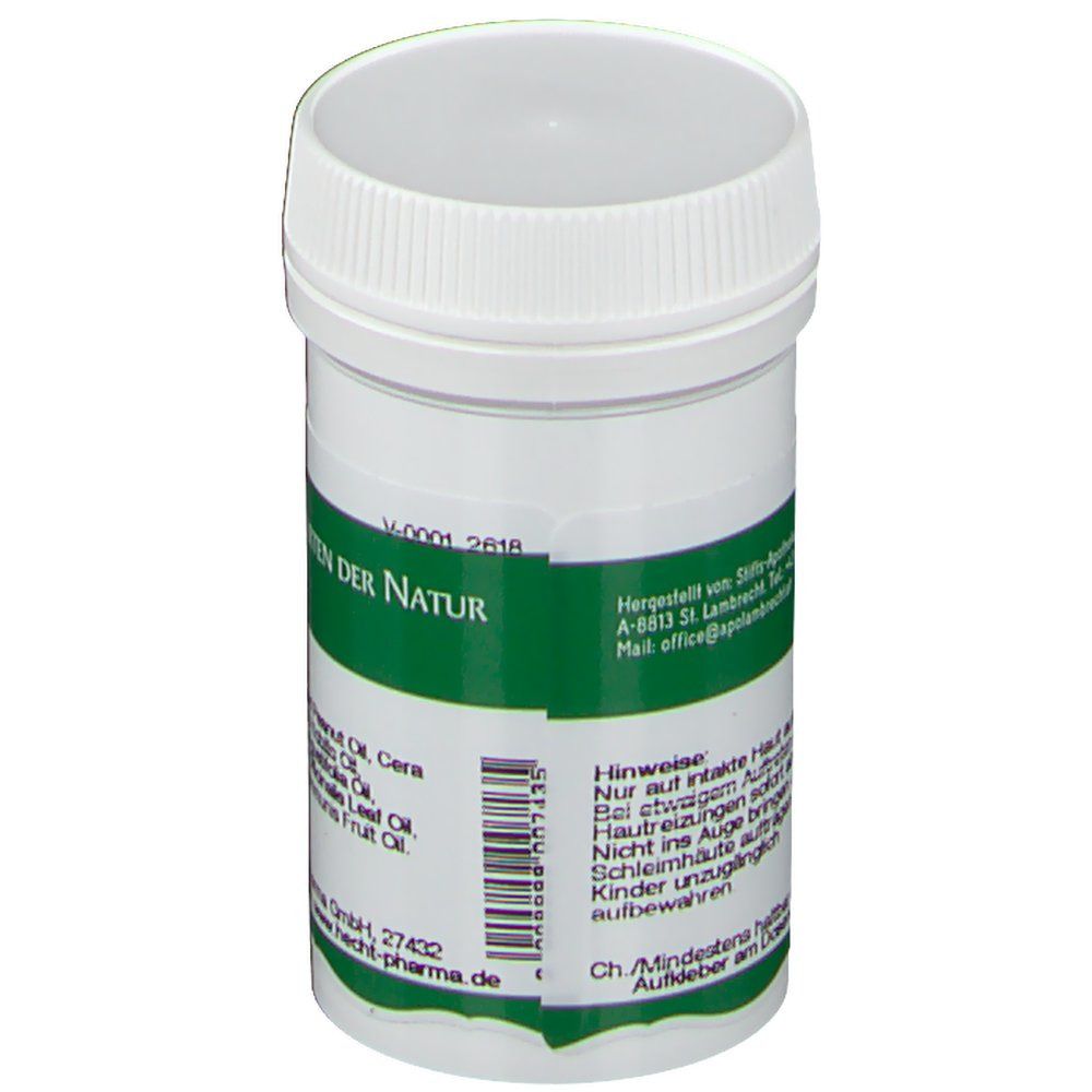 Weiß-grüne Dose mit Deckel. Aufschrift: Der Heilgarten der Natur, Herstellerinformationen.