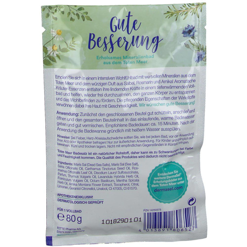 Beutel mit Badesalz. Aufschrift: Gute Besserung. Enthält Mineralien aus dem Toten Meer. Dermatologisch geprüft.