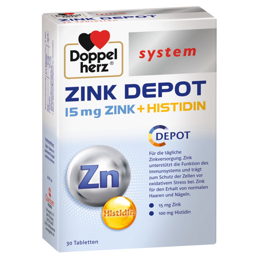 Schachtel mit Doppelherz Zink Depot Tabletten. Enthält 15 mg Zink und Histidin. Aufdruck: Depot, Zn-Symbol, 30 Tabletten.
