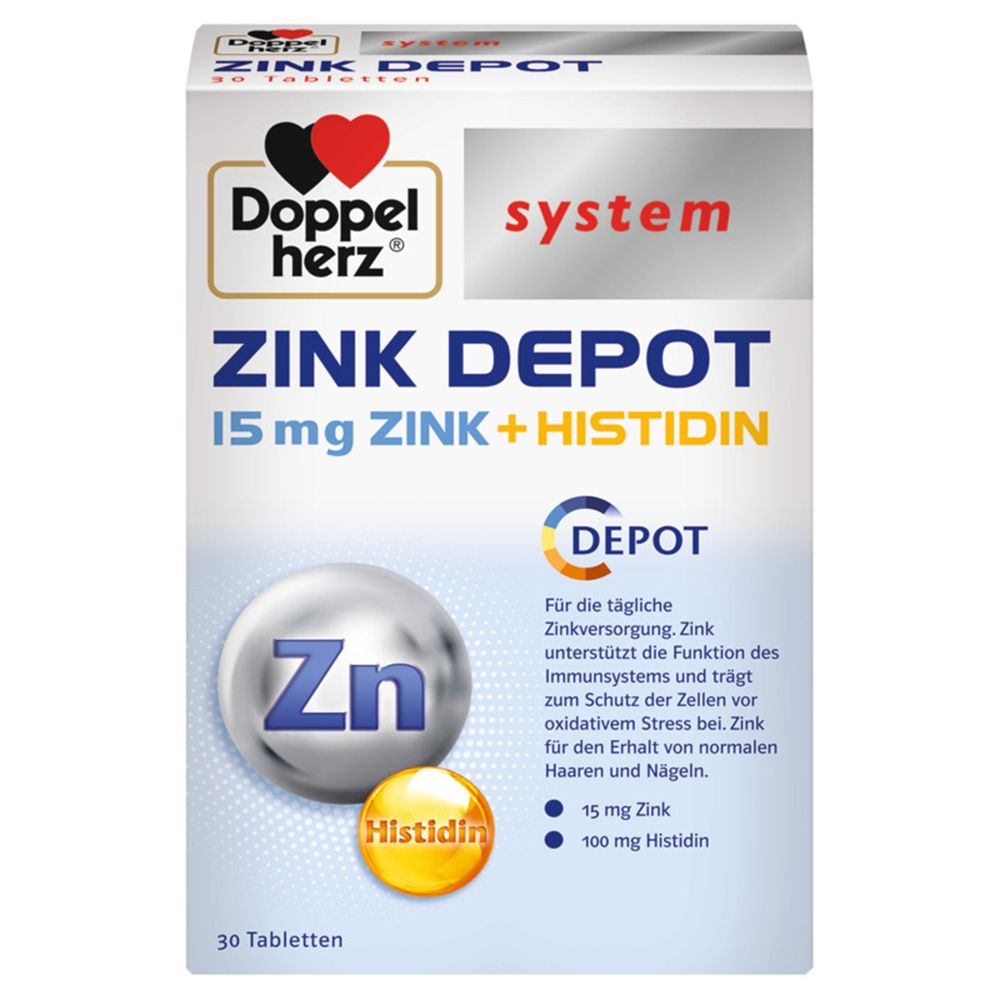 Schachtel mit Doppelherz Zink Depot Tabletten. Enthält 15 mg Zink und Histidin. Aufdruck: Depot, Zn-Symbol, 30 Tabletten.