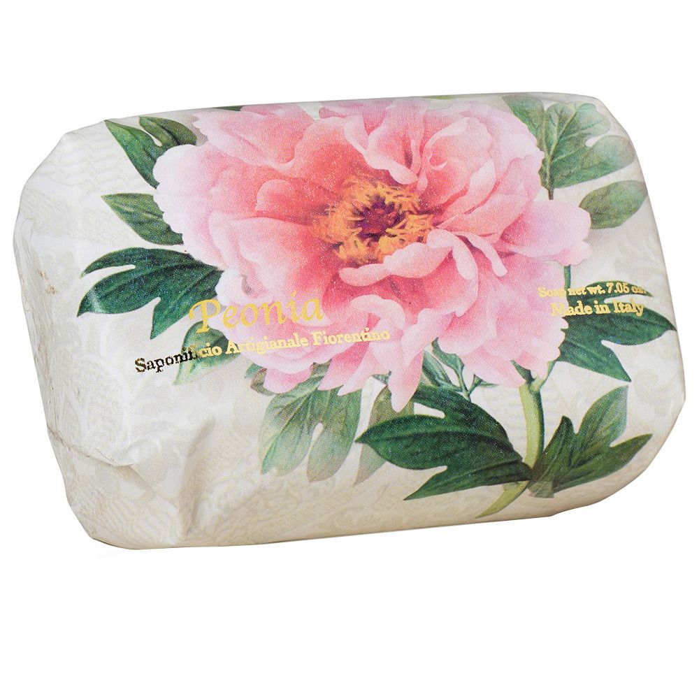Seife in Papierverpackung mit Pfingstrosen-Motiv. Aufschrift: Saponificio Artigianale Fiorentino.
