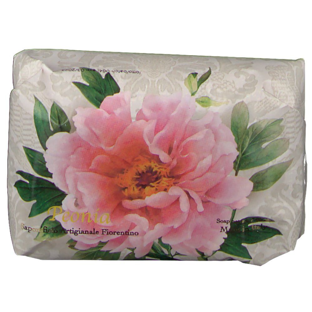 Seife in Papierverpackung mit Pfingstrosen-Motiv. Aufschrift: Saponificio Artigianale Fiorentino.