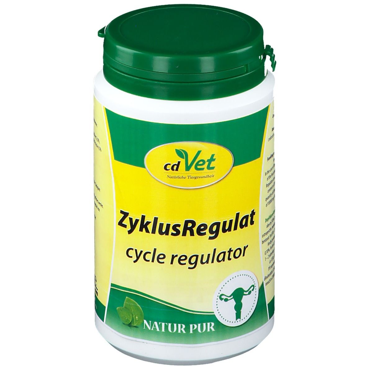 Weiße Dose mit grünem Deckel. Aufschrift: cdVet ZyklusRegulat. Illustration der Gebärmutter. NATUR PUR.