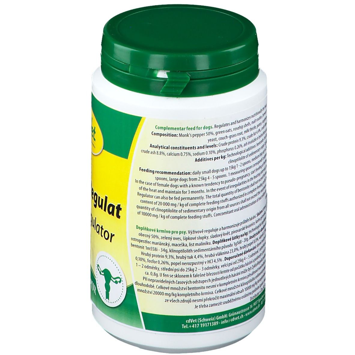 Weiße Dose mit grünem Deckel. Aufschrift: cdVet ZyklusRegulat. Rückseite mit Text und Inhaltsstoffen.