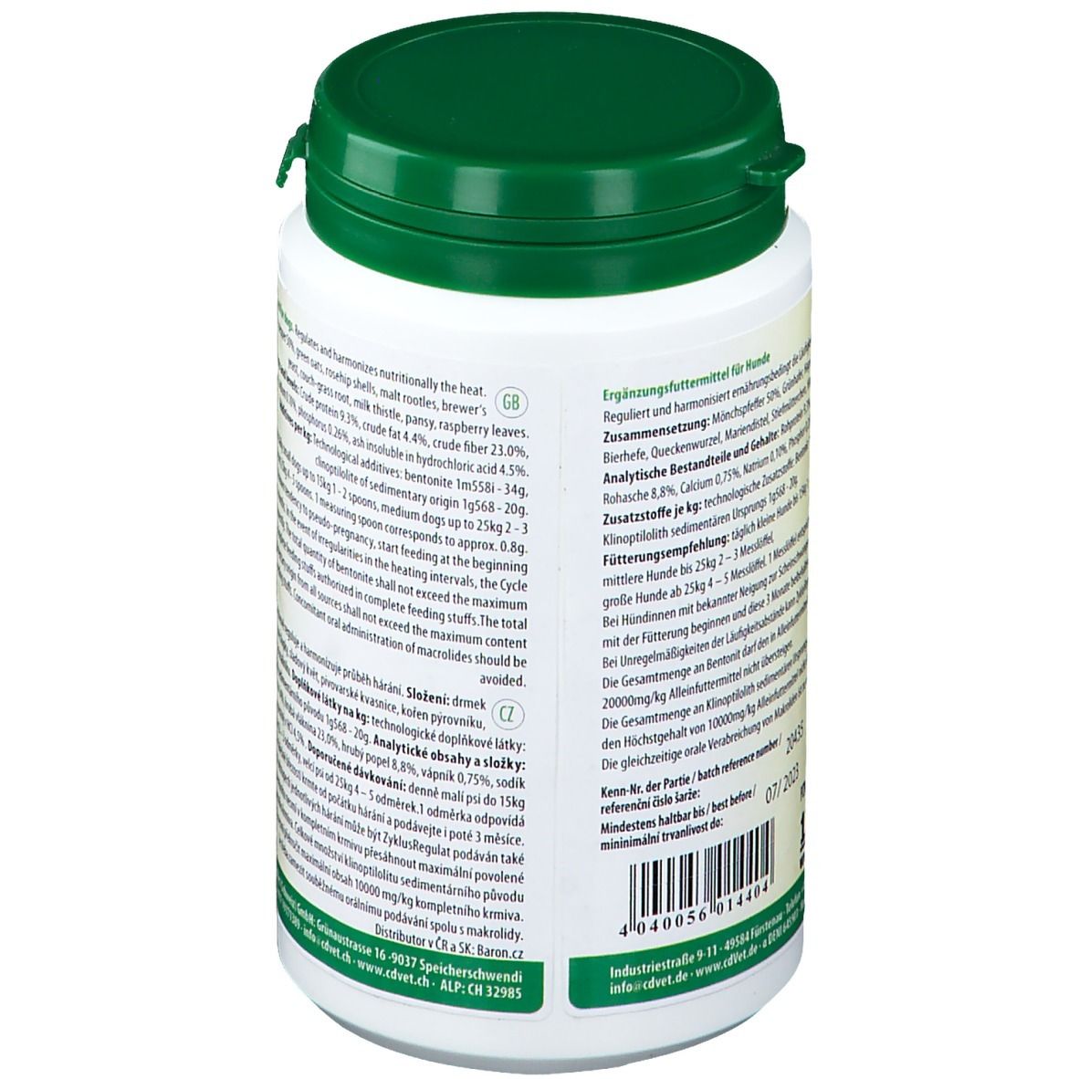Weiße Dose mit grünem Deckel. Aufschrift: cdVet ZyklusRegulat. Rückseite mit Text und Inhaltsstoffen.