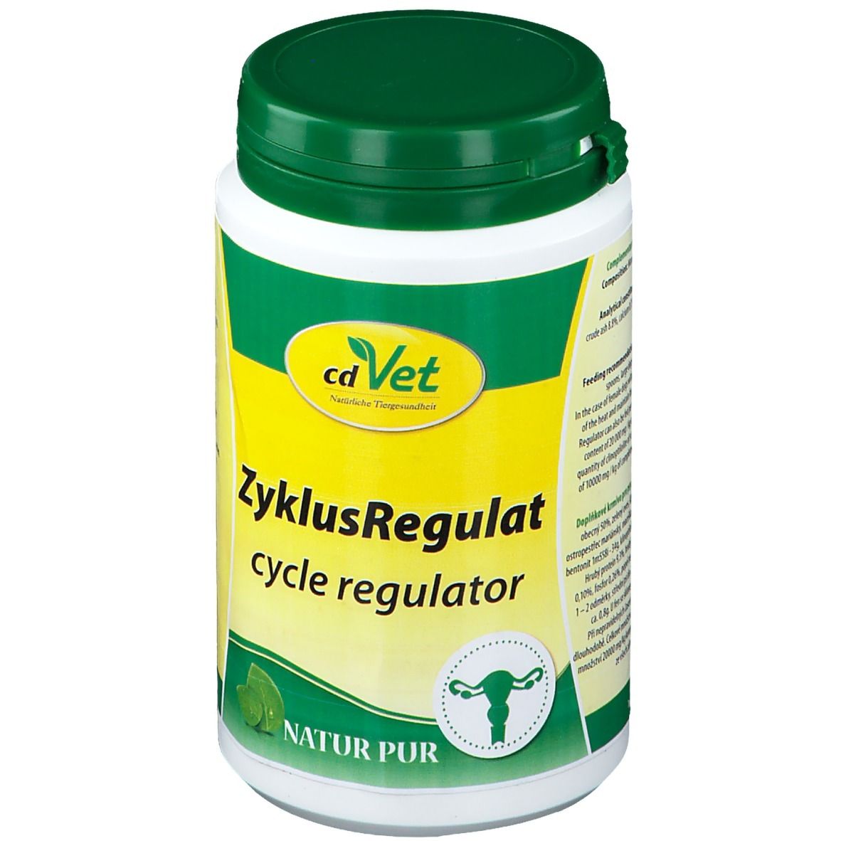 Weiße Dose mit grünem Deckel. Aufschrift: cdVet ZyklusRegulat. Illustration der Gebärmutter. NATUR PUR.