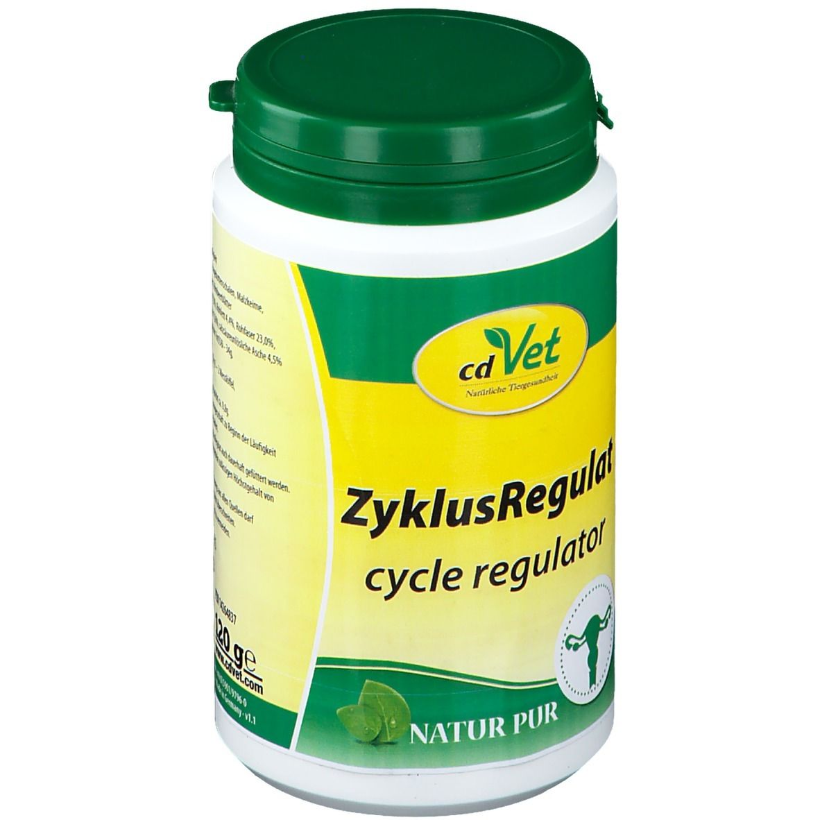 Weiße Dose mit grünem Deckel. Aufschrift: cdVet ZyklusRegulat. Illustration der Gebärmutter. NATUR PUR. 120g.