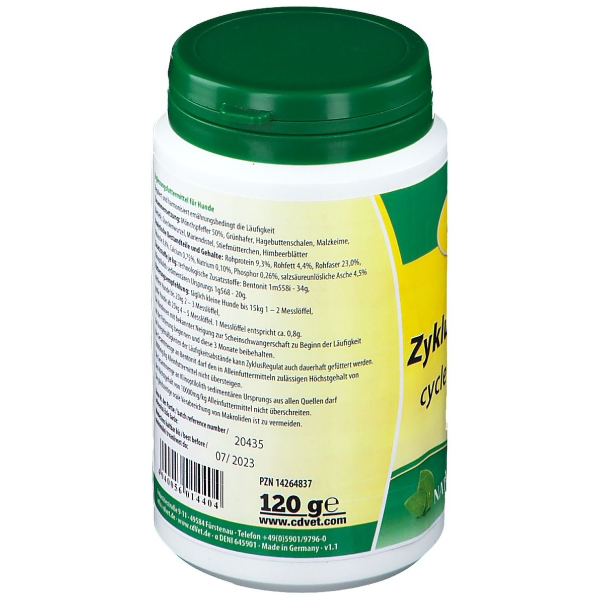 Weiße Dose mit grünem Deckel. Aufschrift: cdVet ZyklusRegulat. Rückseite mit Text, Inhaltsstoffen und 120g.
