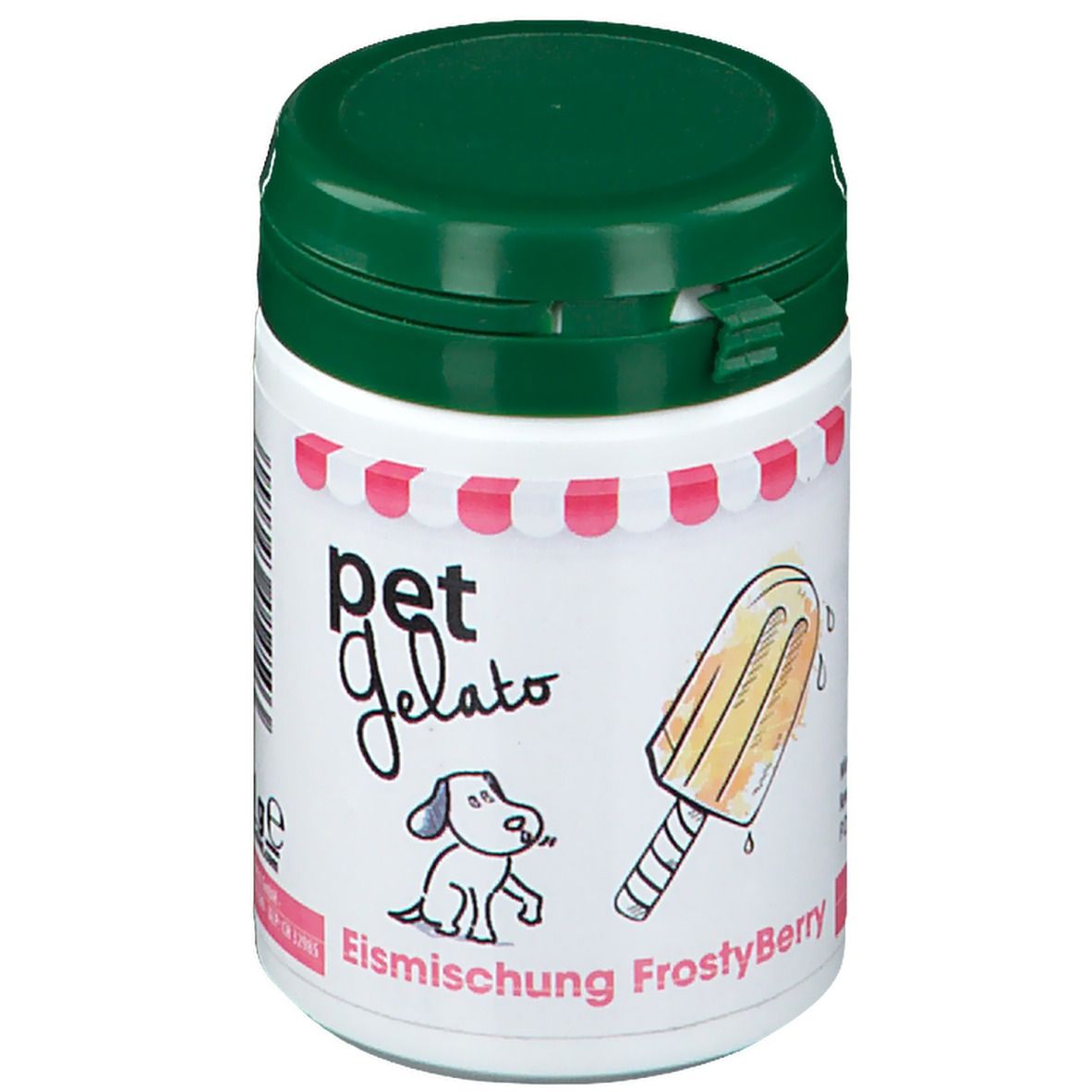 Weiße Dose mit grünem Deckel. Aufdruck: pet Gelato, Hund, Eis am Stiel, FrostyBerry. Rosa-weißer Rand.