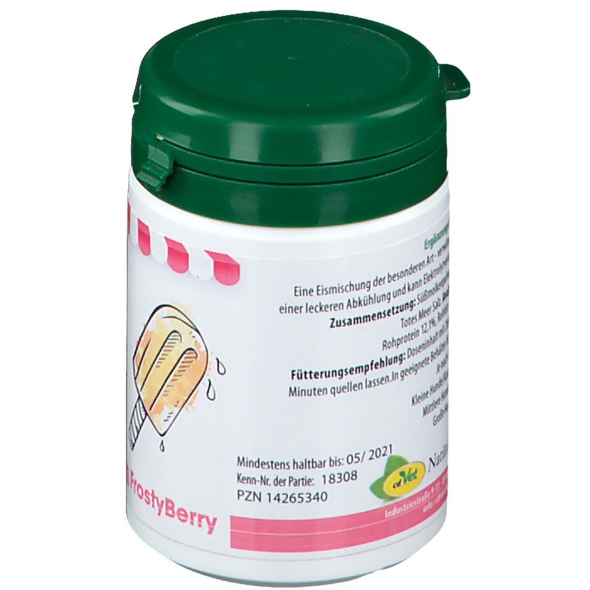 Weiße Dose mit grünem Deckel. Text: FrostyBerry, Mindesthaltbarkeit 05/2021, Kenn-Nr. 18308. Logo: grünes Blatt.