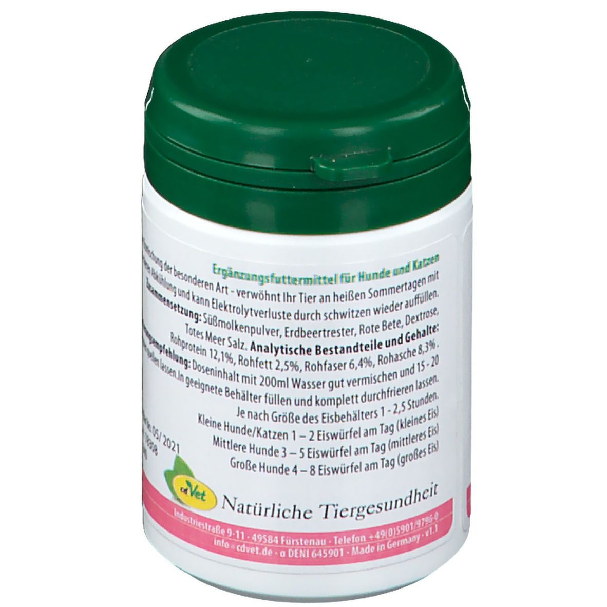 Weiße Dose mit grünem Deckel. Text: Ergänzungsfuttermittel für Hunde und Katzen. Inhaltsstoffe. Logo: grünes Blatt.