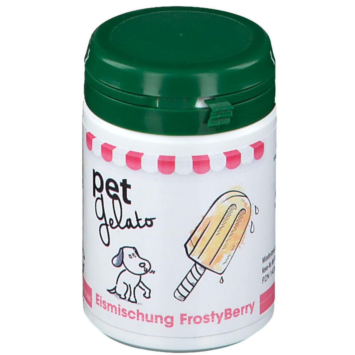 Weiße Dose mit grünem Deckel. Aufdruck: pet Gelato, Hund, Eis am Stiel, FrostyBerry. Rosa-weißer Rand.