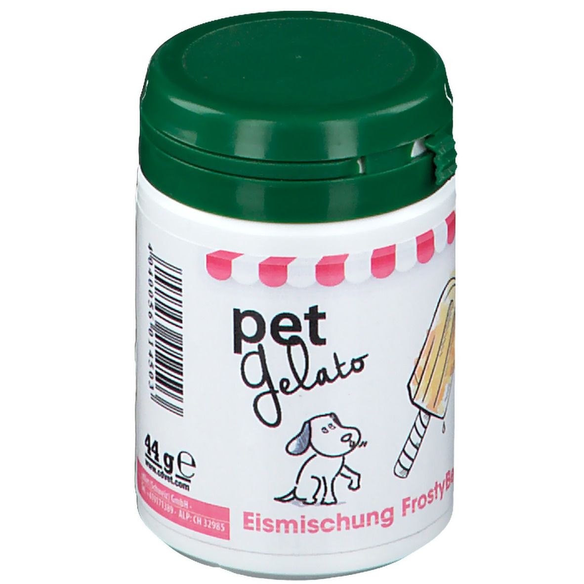 Weiße Dose mit grünem Deckel. Aufdruck: pet Gelato, Hund, Eis am Stiel, FrostyBerry. 44 g. Rosa-weißer Rand.