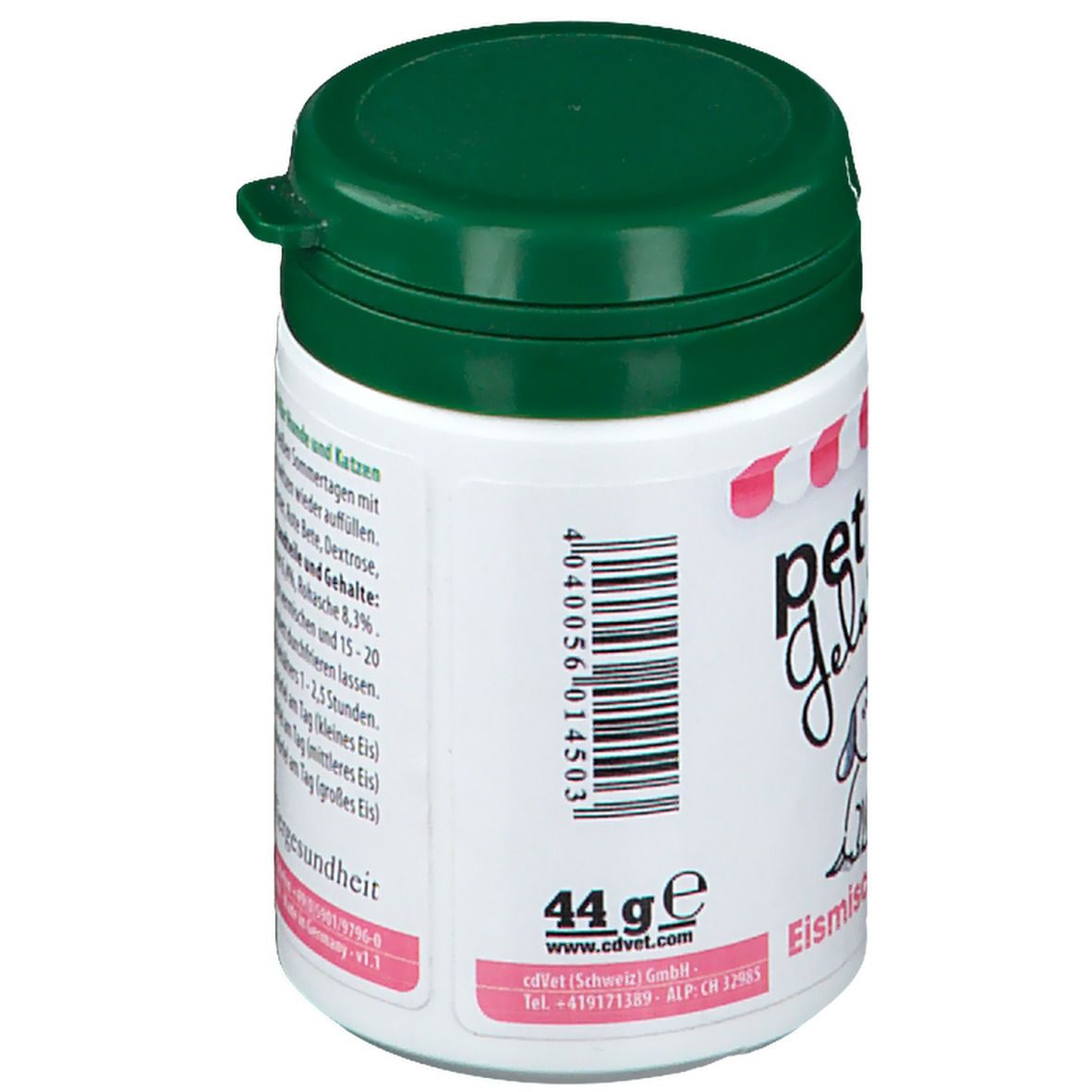 Weiße Dose mit grünem Deckel. Text: Ergänzungsfuttermittel für Hunde und Katzen. Barcode. Logo: grünes Blatt.